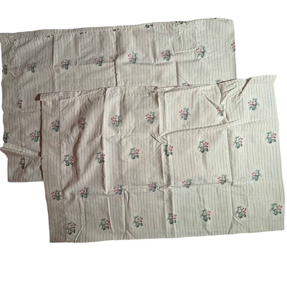 Vintage Floral Stripe Pillowcase Set of 2 Cottagecore Shabby‎ Chic Cream Pink